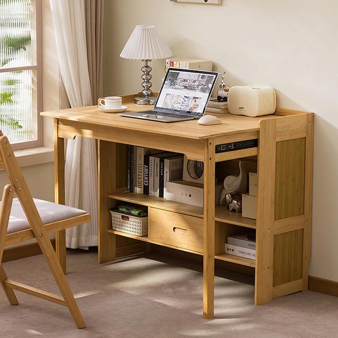 Bamboo Folding Desk with Bookshelf & Drawer, Small Foldable Computer Table, Wooden Space Saving Desks for Home Bedroom Study Office (Natural, 30.3″x27″x30.3″)