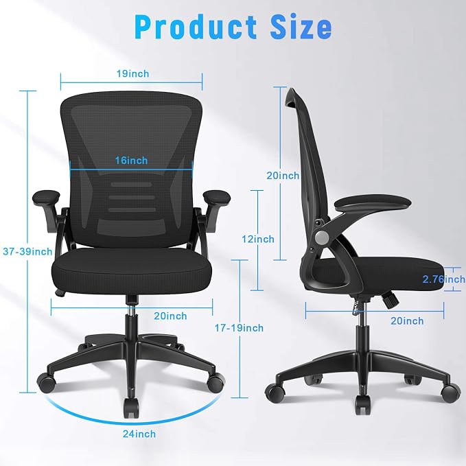 naspaluro Home Office Desk Chair Mid Back with Adjustable Height Dark Black | Comfy Ergonomic Chair with Flip-Up Arm and Lumbar Support, Breathable Mesh Swivel Computer Chair for Study Working Teacher