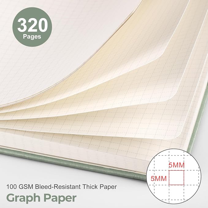 EMSHOI Graph Paper Notebook, 320 Pages, 100gsm Thick Paper, A5 PU Leather Hardcover, 5mm Grid Notebook for Work School Math Engineering Writing Graphing, Small 5.75"x8.38", Green