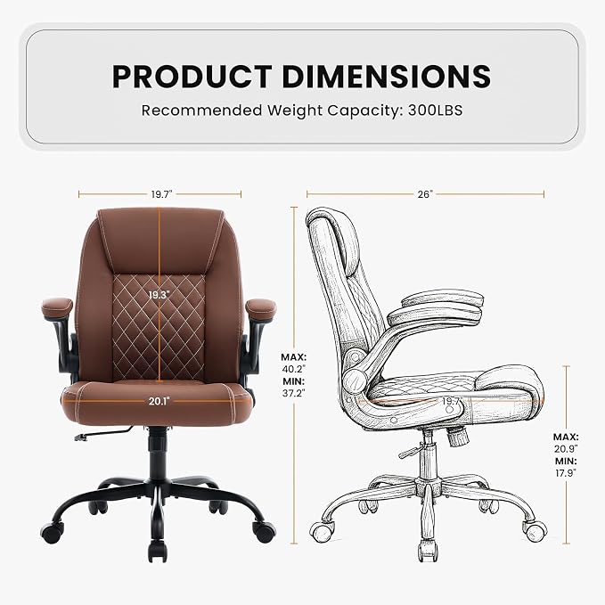 Leather Office Chair, 300lbs Heavy Duty Mid-Back Desk Chairs with Flip-up Armrests, Space-Saving Swivel Task Chair with Wheels, Adjustable Height and Ergonomic Back Support, Brown