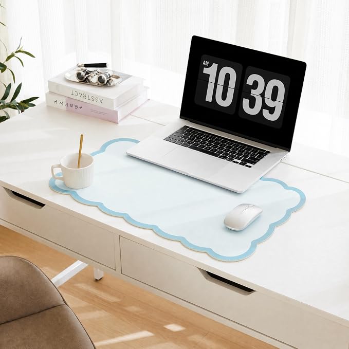 Scalloped Desk Mat, 23.6" x 11.8" Cute Small Aesthetic Desk Accessories, PU Leather Computer Laptop Desk Mouse Keyboard Pad, Desk Writing Mat for Vanity/Work/Home Decor, Blue