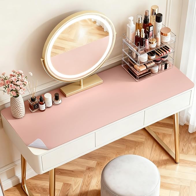 LovePads Makeup Mat for Vanity, 17 x 28 Dual-Sided Desk Pad & Vanity Cover Top, Waterproof PVC Protector Mat for Dresser, Nail Art, Craft Table (Pink+Silver)
