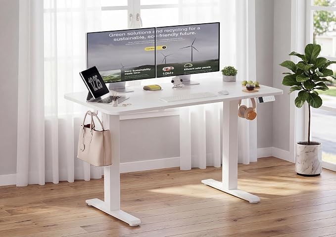 YDN Electric Standing Desk Adjustable Height, 63 x 24 Inches Sit Stand up Desk with Memory Presets & Cable Management, Home Office Desk for Office & Computer Workstation, White Frame/White Top