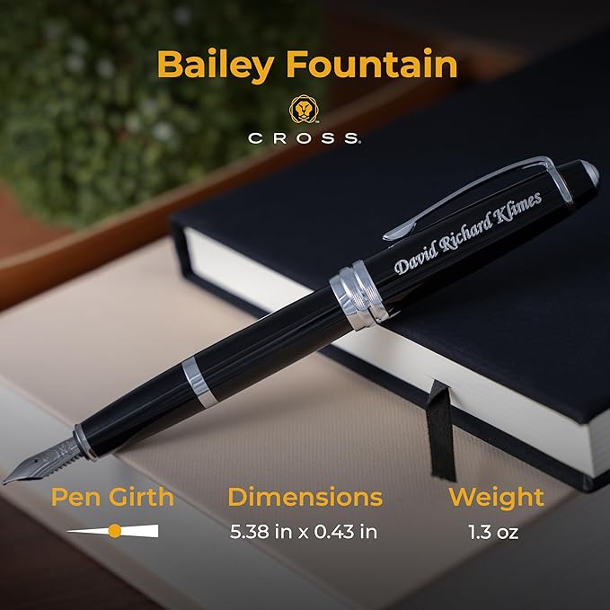 Personalized Cross Fountain Pen | Engraved Cross Bailey Black Lacquer Fountain Pen with Silver Trim. Stately Professional Custom Business Gift.