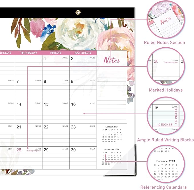 2024 Desk Calendar - Desk Calendar 2024,12 Monthly Desk/Wall Calendar 2-in-1, 16.8" x 12", January 2024 - December 2024, Thick Paper with Corner Protectors, Large Ruled Blocks - Blue Floral