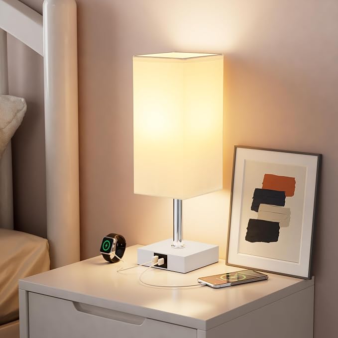 Ambimall Touch Control Table Lamp with USB A+C Charging Ports - 3 Way Touch Lamps Bedside, Nightstand Lamp for Bedrooms Living Room Nursery, LED Bulb Included(White Shade)