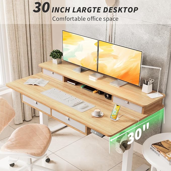 Kingant Electric Standing Desk with 4 Drawers,USB Charging Ports 55"x 30" | Ergonomic Height Adjustable Large Workstation, Heavy-Duty Sit Stand Up Desk For Home Office Daily Work,Nature
