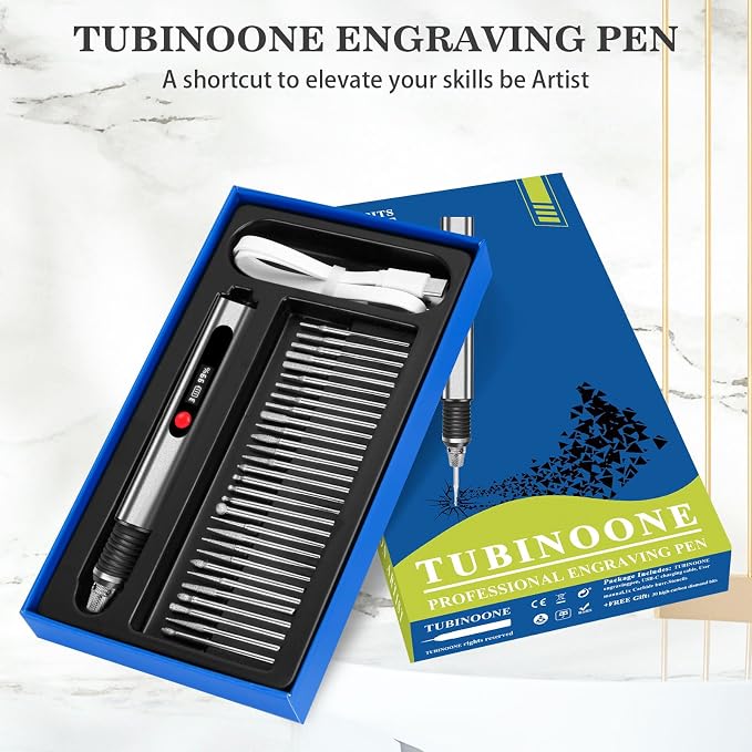 TUBINOONE Engraving Pen, Ultimate Cordless Portable Tool for Artists & DIYers - Engrave 50+ Surfaces - Beginner Friendly - Rechargeable - Free 30 Bits & Mastery Guide & Stencils (Gray)