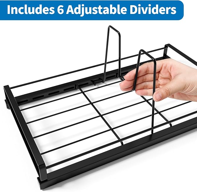 Food Container Lid Organizer Rack with Adjustable 6 Dividers, Black | Full-Metal Pot and Pan Organizer Holder for Home Kitchen Cabinets, Drawers, Countertop, Cupboards, Pantry Shelves Storage