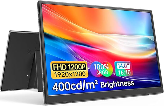Anyuse 14" FHD 1920×1200 Portable Monitor – USB-C HDMI Ultra-Slim IPS Travel Display with Speakers, HDR Plug & Play, 400cd/m² Brightness, External Second Screen for Laptop PC Mac Phone