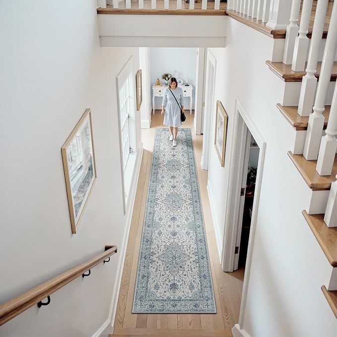 RELEANY Area Rugs Runner 2'x9' Washable Non-Slip, Floral Vintage Distress Medallion Carpet for Kitchen Hallway Bedroom Beside Laundry Room Bathroom, Light Blue Navy Gray White