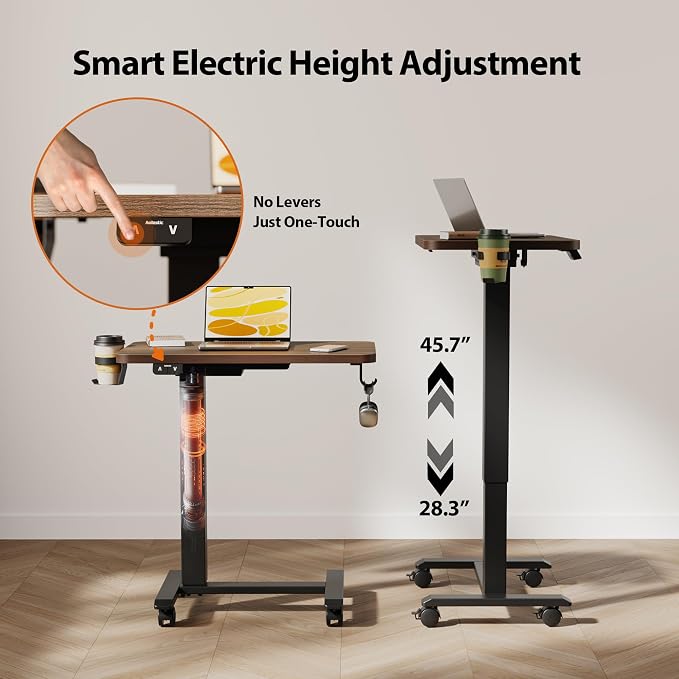 Agilestic Electric Standing Desk, 26 x 16 Inches Height Adjustable Desk, Sit Stand up for Work Office Home, Ergonomic Rising Computer Table with with Wheels, Dark Walnut