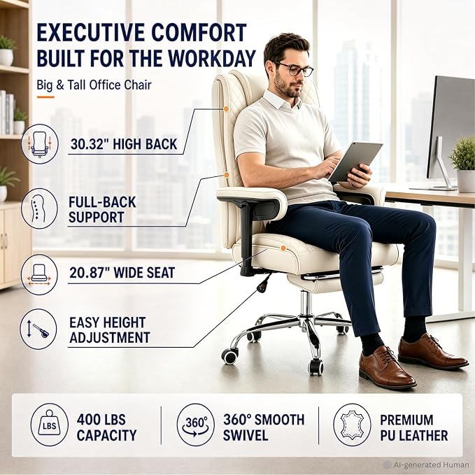 Big and Tall Office Chair Heavy Duty Wide Executive Office Chair(Beige) | Breathable Leather，Double-layered Backrest，Seat Cushion Designed of Deluxe Embroidery Leather，Foot Rest, Adjustable Armrests