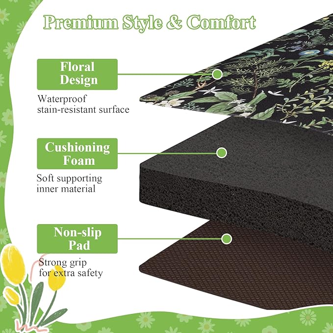 SHACOS Botanical Kitchen Rugs Set of 2, 17x27.5+17x47 inch | Black Green Anti Fatigue Mats for Kitchen Floor, Greenery Plants Ergonomic Cushioned Mats Leaf Floral Farmhouse