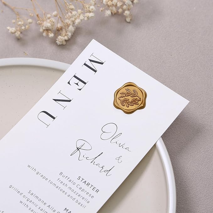 UNIQOOO Wax Seal Stickers - Olive Branch Wedding Invitation Envelope Seal Stickers, 50 Pcs Self- Adhesive Antique Gold Stickers, Perfect for Invitation, Christmas, Gift Wrapping