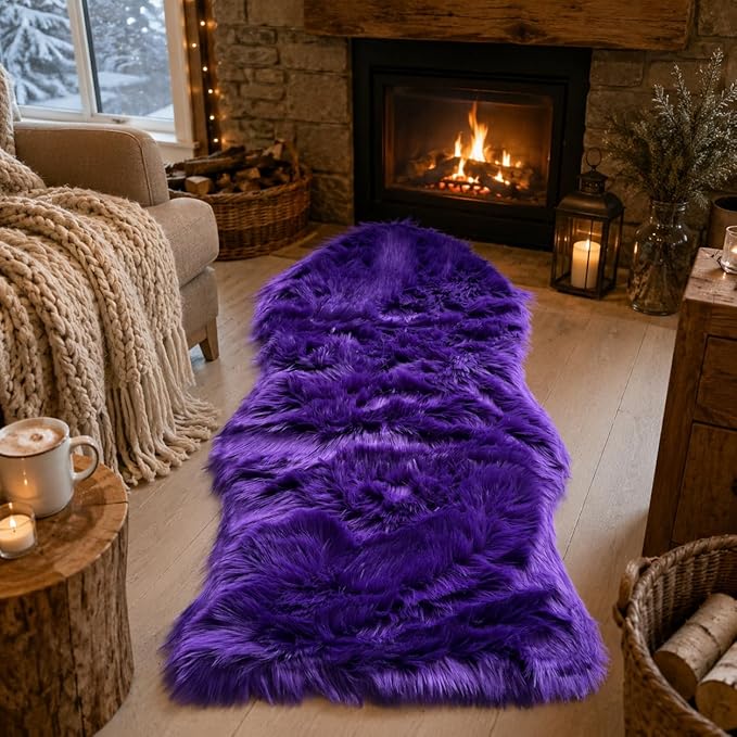 EasyJoy Faux Sheepskin Rug, Fluffy Faux Fur Rug, Ultra Soft Shag Area Rug with Non-Slip Backing for Bedroom, Living Room, Nursery, Kids Room(2 x 4 ft Sheepskin, Dark Purple)
