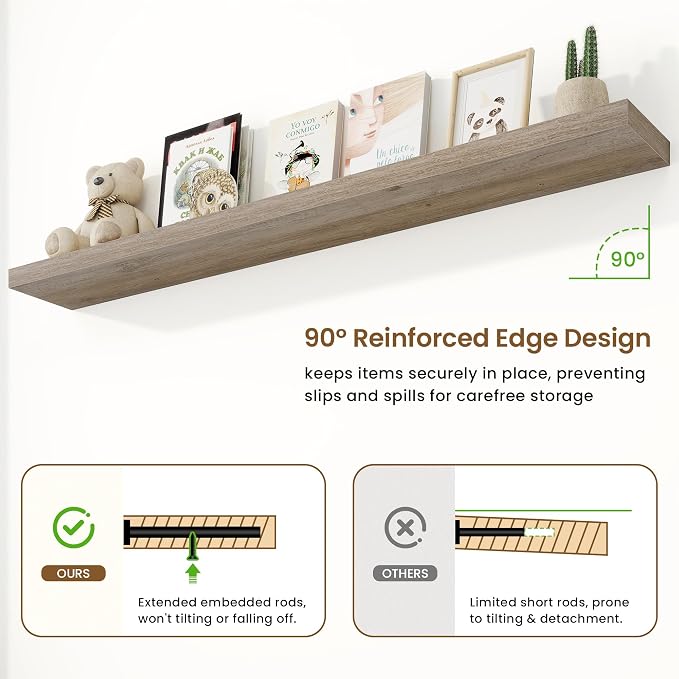 Marsmiles 55in Floating Shelves for Wall, 72" W x 9.25" D x 1.5" H, Long Wall Mounted Engineered Wood Shelves with Invisible Brackets for Living Room, Bedroom, Bathroom, Kitchen, Grey, 2Pcs
