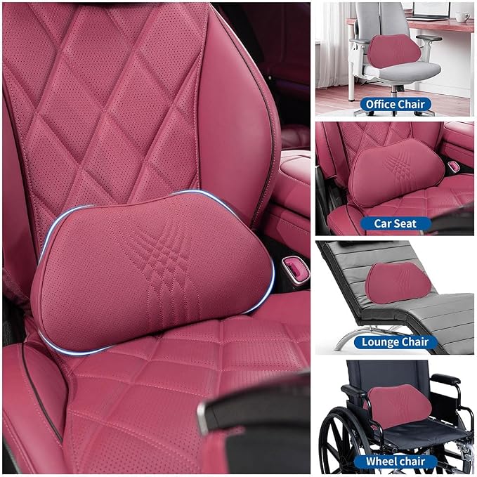Lumbar Support Pillow for Driving Seat, Office Chair, Red, 1PC | Leather Lumbar Pillow Memory Foam Lower Back Cushion for Back Pain Relief Improve Posture, Ergonomic Back Rest Gaming Chair