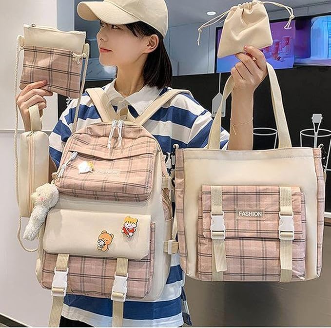 Aobiono 5Pcs Kawaii Plaid Backpack Set Aesthetic Preppy Cute Check with Pins Bear Pendant Light Academia School Supplies Kit