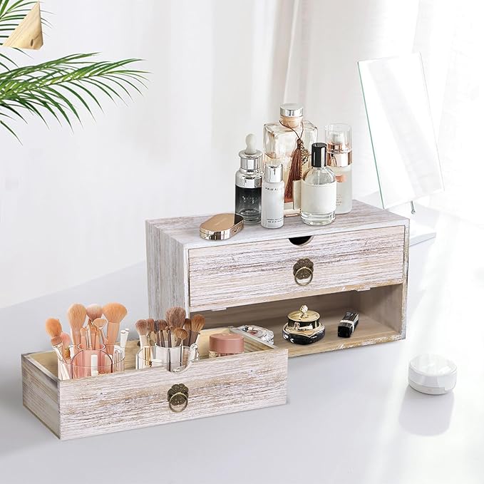 Wood Desk Organizer, Vintage Brown Wooden Desktop Organizer with Drawer, Tabletop Storage Organization Box for Countertop, Home Office Supplies, Bills (2 Drawer)