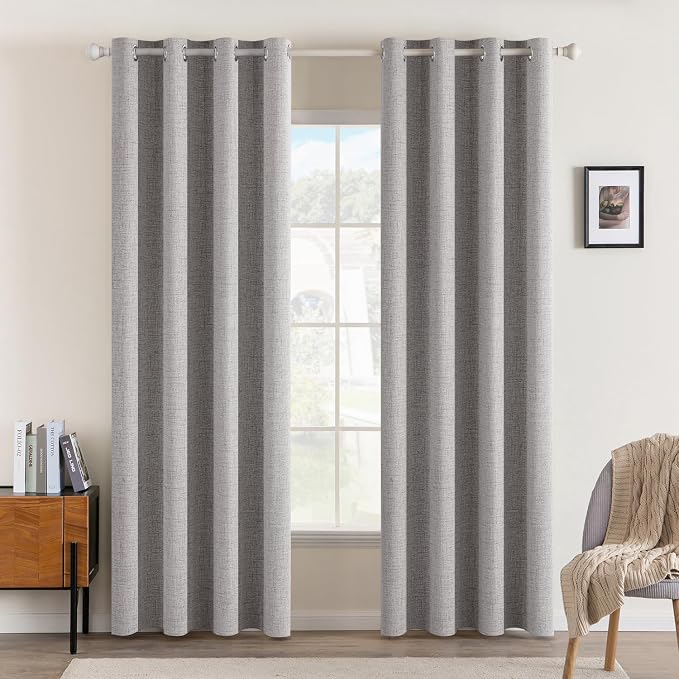 MIULEE Linen Texture Curtains for Bedroom Solid 100% Blackout Thermal Insulated Light Gray Curtains Grommet Room Darkening Drapes for Living Room 52x72 Inch (2 Panels)