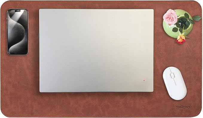 Soft Anti-Curl Faux PU Desk Mat 23.6"x13.8", Waterproof Heat Safe Non-Slip Vintage Desk Pad, Stitched Edge Wipeable Tear Resistant Desktop Protector for Work from Home Office (Brown)