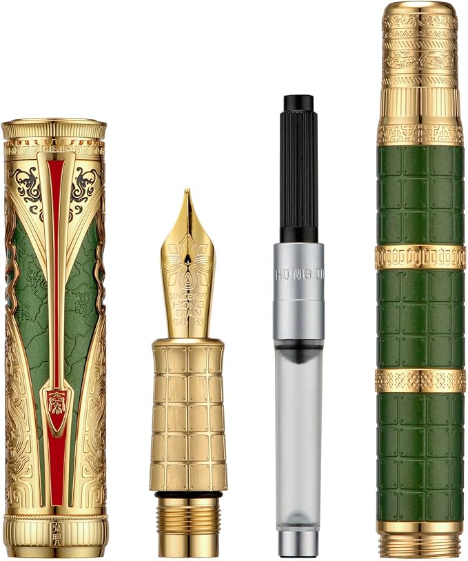 Hongdian D5X Fountain Pen Green Medium Nib, Qin Dynasty Retro Chinese Totem Engraving Smooth Writing Pen with Converter and Pen Box Set