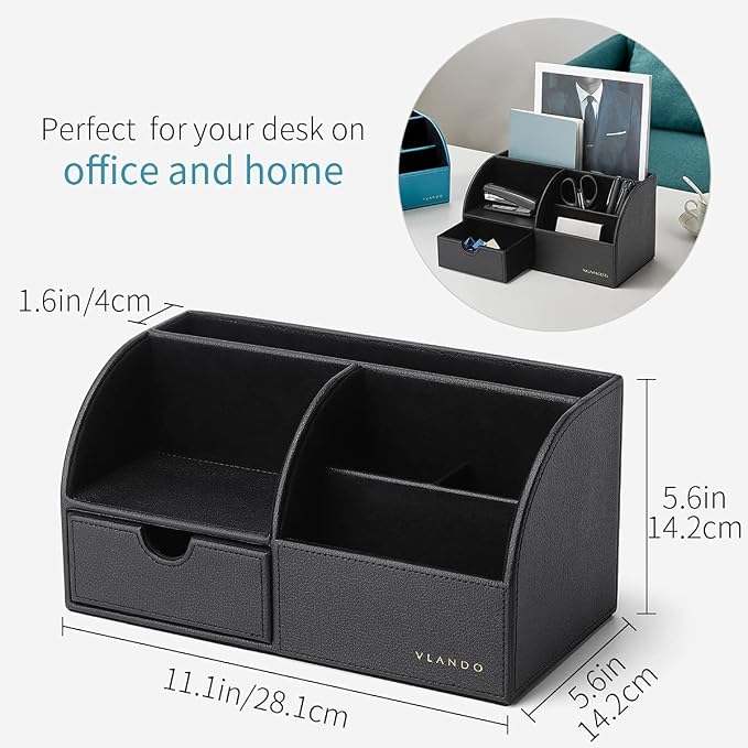 VLANDO Office Desk Organizer Leather Desktop Organizer Caddy with Drawer for Storing Desktop Supplies and Accessories (Black Set)