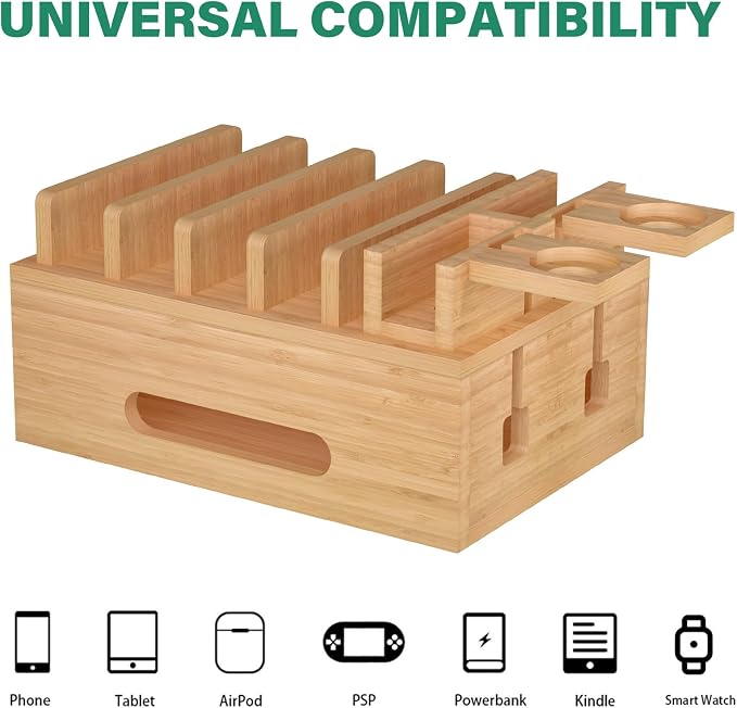 Bamboo Charging Station for Multiple Devices, Desktop Organizer Docking Station, Natural Bamboo Desk Storage Stand for Phone, Tablet, Earbuds, Smart Watch (Power Adapter Not Included)