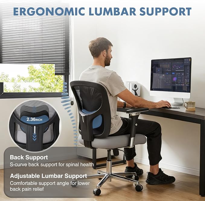 DUMOS Big and Tall Office Desk Chair with Lumbar Support, 500lbs Heavy Duty Mesh Ergonomic Computer Chair with 4D Armrest and Wide Comfy Seat, Swivel Wheels for Adult, Grey