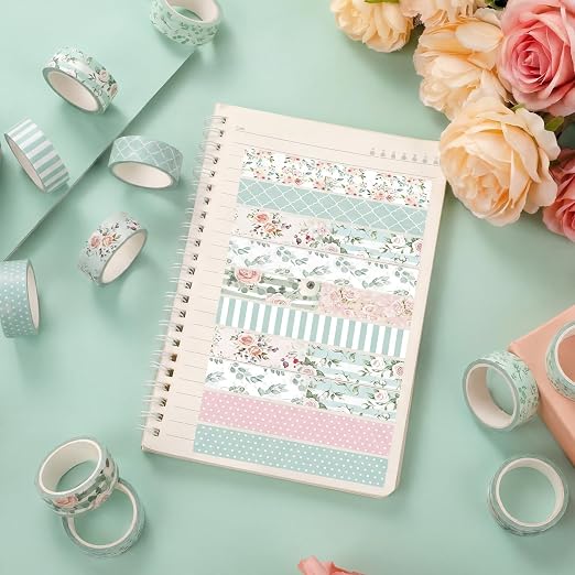 12 Rolls Watercolor Floral Washi Tape Set 15 mm Vintage Flower Decorative Masking Tape for Summer School Arts DIY Craft Scrapbook Journal Supplies Gifts(Pink and Green,Spring)