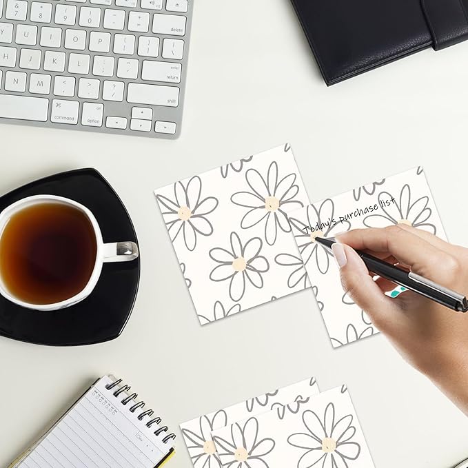 Sticky Notes 3x3 Inches, 2 Pads Cute Colorful Self-Stick Note Pads, Easy to Post for Home, Office and Daily Life Organization Beige Base Daisy