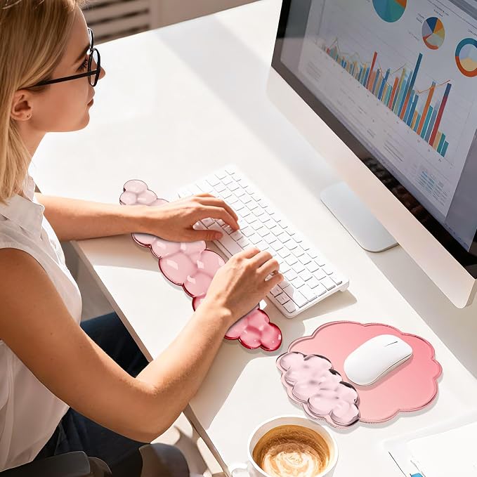 Cloud Wrist Rest Gel Set — Ergonomic Cloud Wrist Rest Keyboard and Mouse, Non-Slip Desk Accessories for Office and Home（Gradient Rose Red）