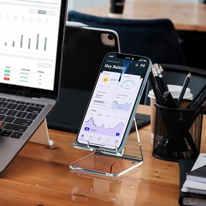 Crpich Acrylic Cell Phone Stand, Portable Phone Holder, Clear Phone Stand for Desk, Compatible with Phone16 15 14 13 Pro Max Mini 12 11 SE, Switch, Android Smartphone, Pad, Tablet, Desk Accessories