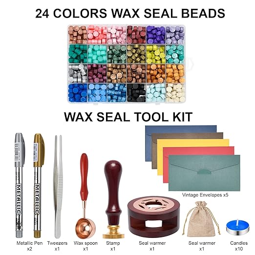 Wax Seal Stamp Kit with Gift Box, 24 Colors and 624 Pcs Wax Seal Kit with Wax Metallic Pens, Tweezers,10PCS Candles and 5 PCS Envelopes for Gift and Craft-Little Mermaid