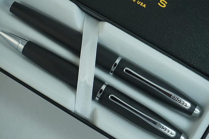 A.T. Cross Cross Matte Black Selectip Gel Ink Medium Point Calais Rollerball Pen and Ballpoint Pen Luxury gift Set
