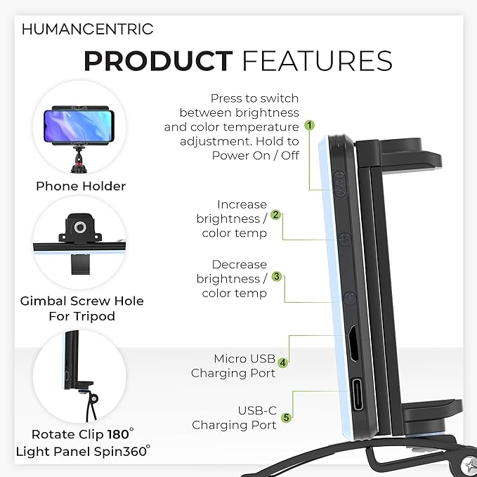 HumanCentric Video Conference Lighting Kit, Camera Light for Zoom Meetings, Streaming Video Face Light, Easy Setup for Remote Work, Computer Monitor or Laptop Light for Video Conferencing