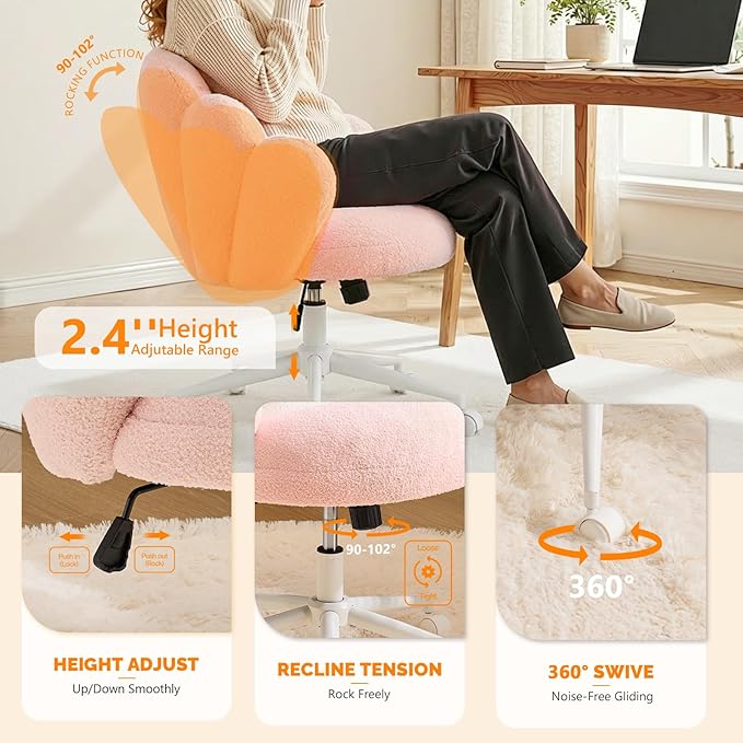 VINGLI Lovely Petal Vanity Desk Chair with Star Pillow, Height Adjustable Armless Swivel Chair in Vibrant Color-Blocking, Modern Computer Task Chair for Bedroom & Home Office, Teddy Fleece,Pink