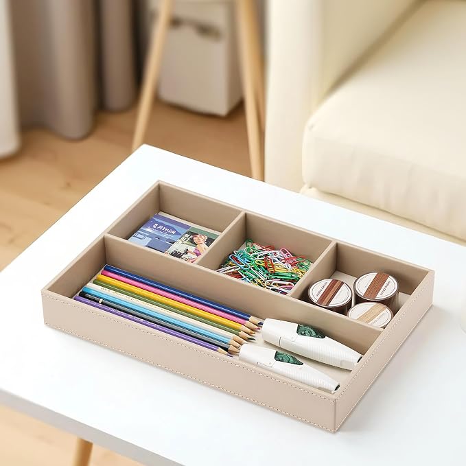 4-Slot Leather Drawer Tray Desk Stationery Sundries Organizer Storage Box Pen Pencil Holder Case Container (Dark Beige)