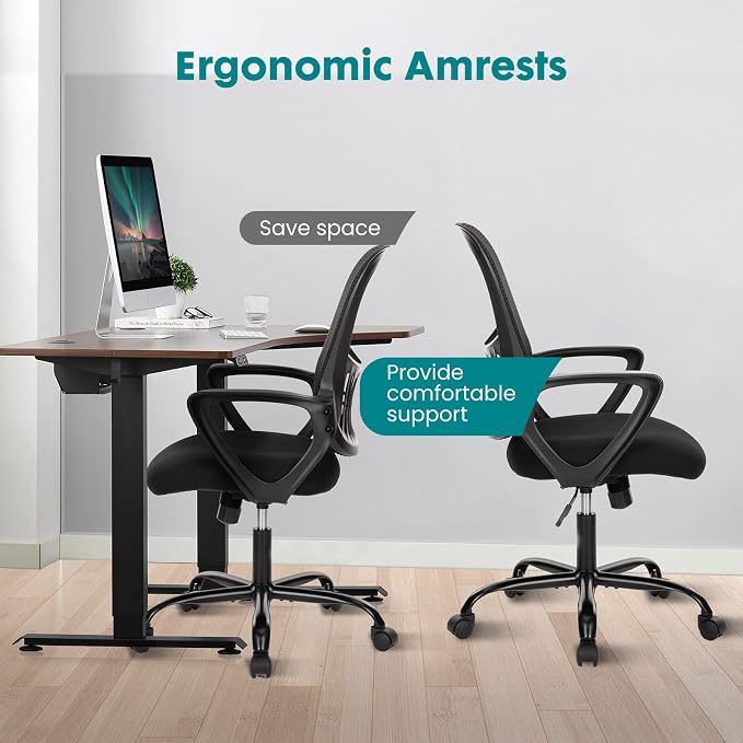 DUMOS Home Office Desk Chair - Ergonomic Mid Back with Lumbar Support & Rocking Mode, Height Adjustable with Fixed Armrest, for Conference, Computer, Meeting Room, 360° Swivel, Adults, Adults, Black