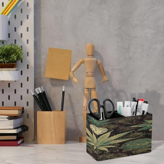 A Puff in Time Weed Marijuana Leather Pen Holder Exquisite Leather Pen Cup Pen Container Multifunctional Desktop Storage Box Round Pencil Cup Organizer for Office Home Desk Decor