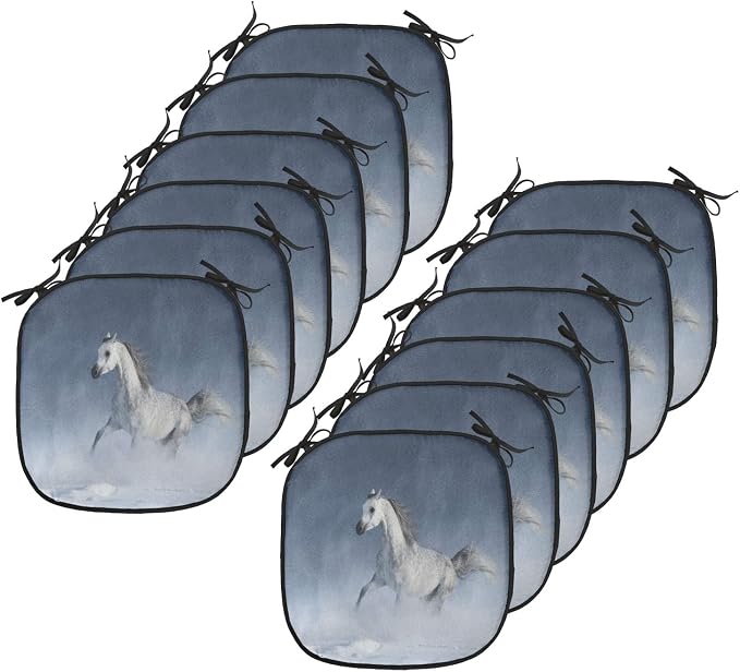 Lunarable Orient Chair Cushion Pads Set 12, Horse Galloping During a Snowstorm Stallion Winter Snow View Equine Print, Anti-Slip Seat Padding for Kitchen & Patio, 16"x16", Night Blue