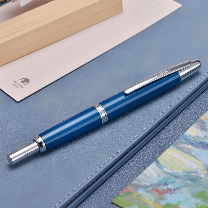 Jinhao 10 Press Fountain Pen with Box, Pearl Blue Retractable Fine Nib with Converter Set (Silver Clip)