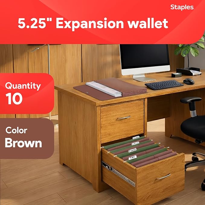 Staples Expanding Wallet, Legal Size, Brown Redrope Accordion File with Elastic Closure, Holds Oversized Documents – 10/Pack