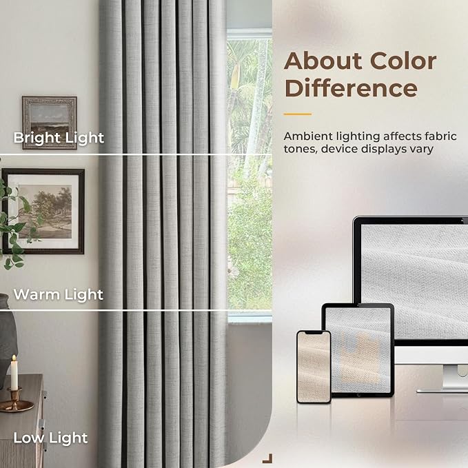 INOVADAY 100% Blackout Curtains for Bedroom, Dove Grey Black Out Curtains 90 Inch Long, Clip Rings Linen Blackout Drapes, Thermal Insulated Room Darkening for Living Room, 2 Panels - W50xL90