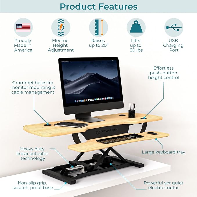 VERSADESK PowerPro 48 Inch Electric Standing Desk Converter – Push-Button Height Adjustable Sit to Stand Desk Riser for Multiple Monitors – Motorized Desktop Workstation with Wide Keyboard Tray