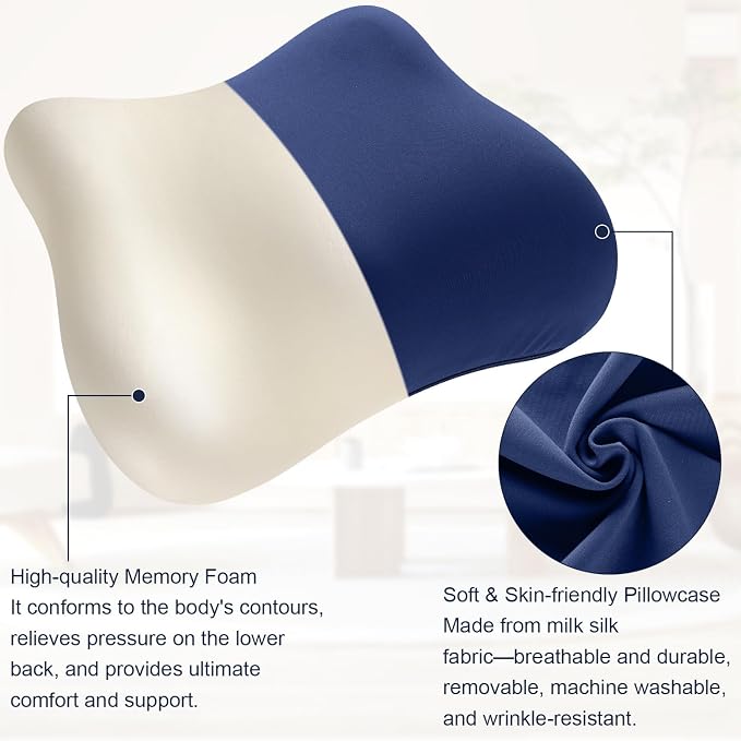 Lumbar Support Pillow for Office Chair Memory Foam Lumbar Cushion with Removable Cover Soft Back Support Pillow Suitable for Car, Couch, Gaming, Dark Blue