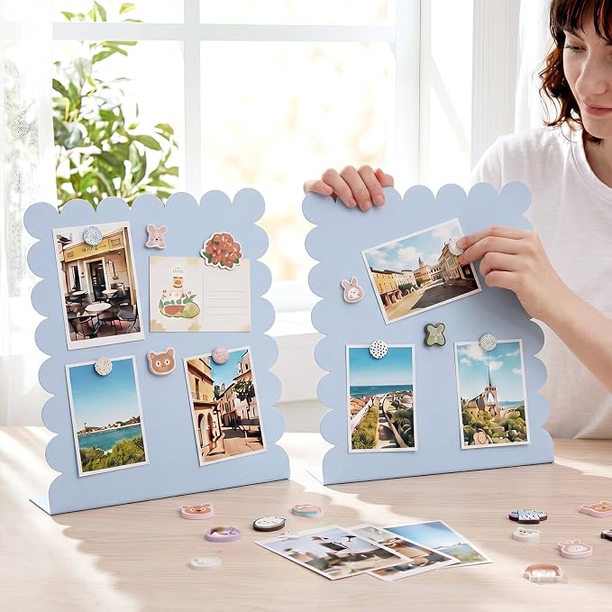Gueevin 2 Pcs Magnet Board Standing Magnetic Metal Board for Desk and Wall Scalloped Magnetic Display Stand for Memos Photos and Documents Home Office School Desk Storage Decoration(Blue,Medium)