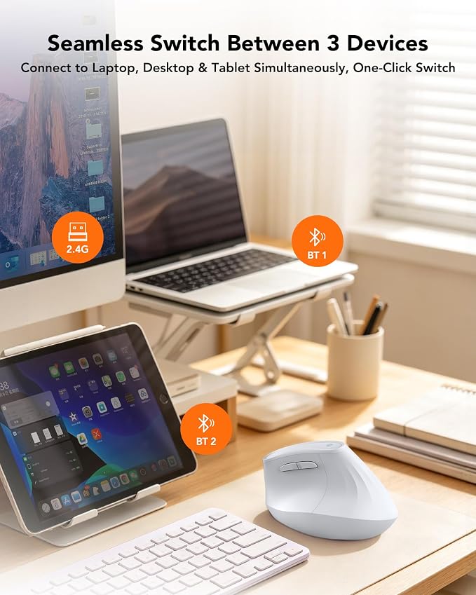 KYSONA Ergonomic Mouse Wireless, Bluetooth Vertical Mouse, 5-Level Adjustable DPI, 2.4G Silent Switch Mice for Windows, MacOS, IPadOS, Laptop, PC, White