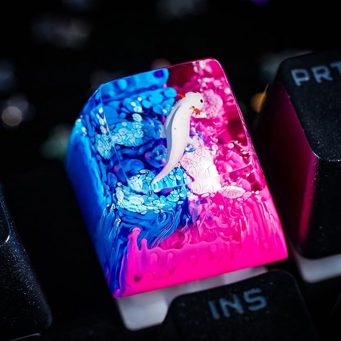 Pink Axolotl Artisan Keycap Pink Blue Ocean - 1U ESC, R1 SA Profile Custom Handmade Resin Cherry MX Switch Key Cap Mechanical Keyboard, Cool Tech Gifts for Men, Dad, Father, Gamer, Axolotl Lover